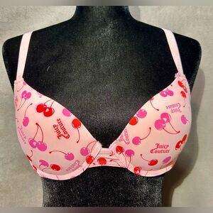 Juicy Couture Y2K Pink Cherry Print Bra Logo Straps Early 2000s 34B